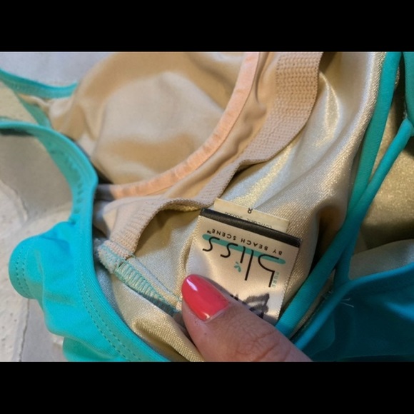 Turquoise jeweled One Piece Bathing suit cross cross back built in underwire bra - Picture 5 of 8